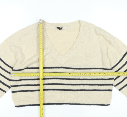 H&M Women’s Beige Striped V-Neck Pullover Jumper Size 12