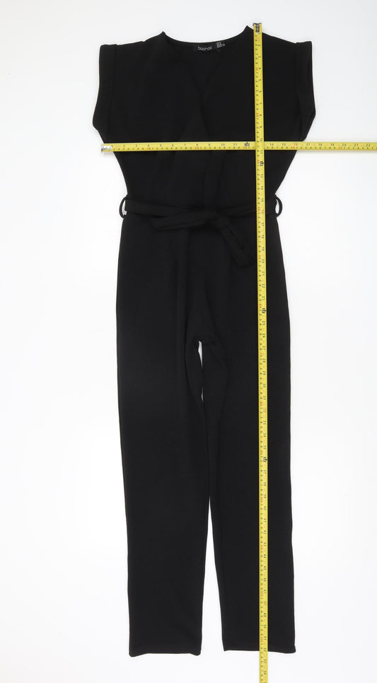 Boohoo Women’s Black V-Neck Belted Jumpsuit Size 8 Regular