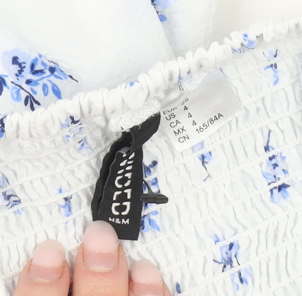 H&M Women’s White Floral Skater Dress Size 12 Puff Sleeve