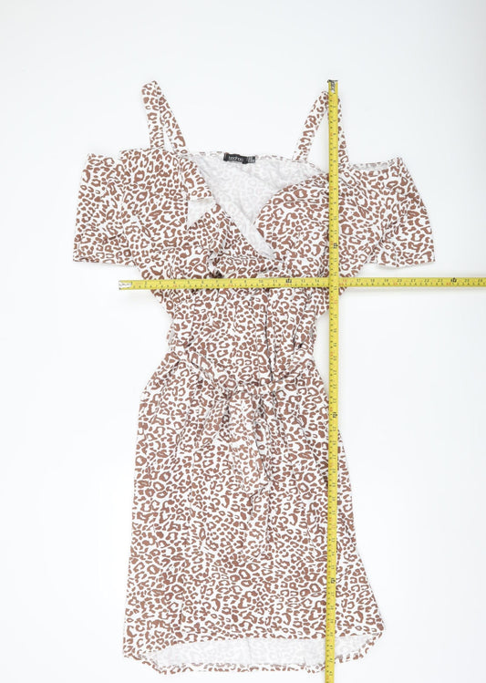 Boohoo Women Brown Leopard Wrap Dress Size 20 Plus Cold Shoulder