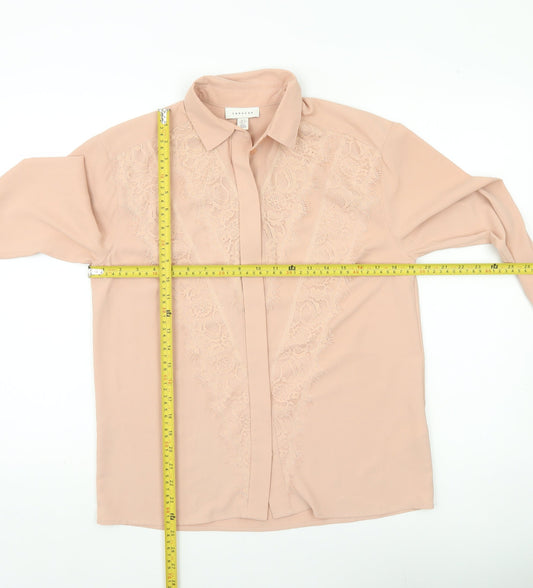 Topshop Women Beige Lace Blouse UK 8 Long Sleeve Collared