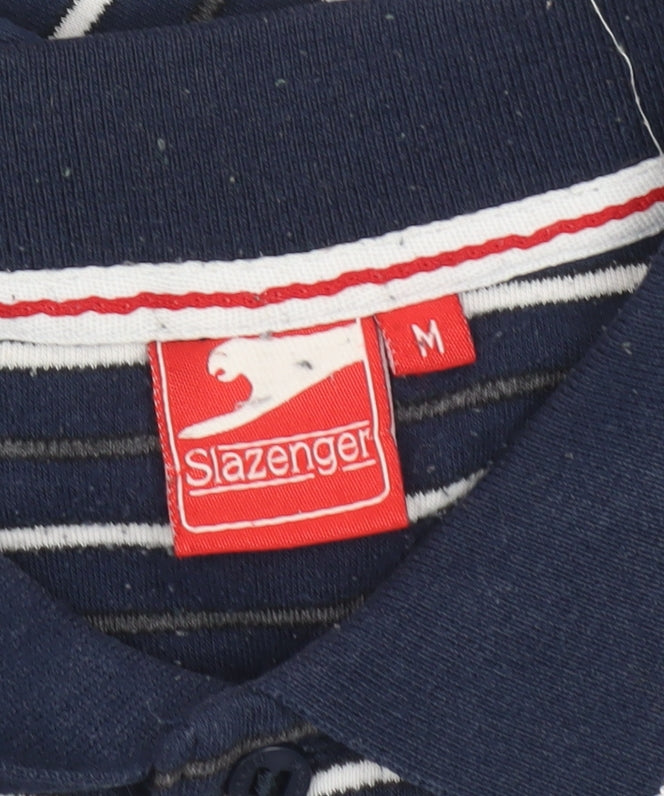 Slazenger Men’s Blue Striped Polo Shirt M Short Sleeve Cotton