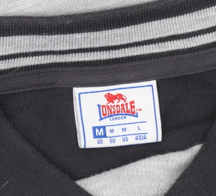 Lonsdale Men’s Black Grey Blue Striped Polo Shirt M Regular Fit
