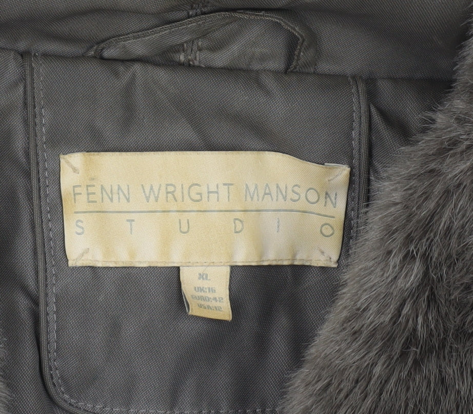 Fenn Wright Manson Women’s Grey Fur Trim Belted Hooded Coat Size 16 XL