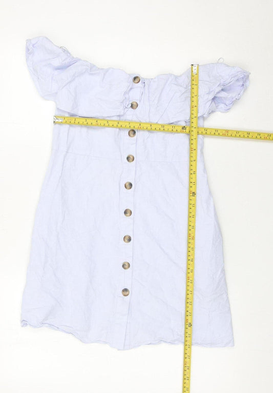 Zara Women Blue Cotton Off Shoulder A-Line Button Dress Size 8