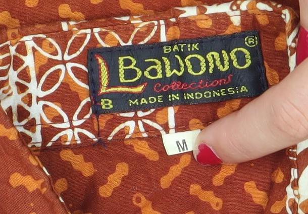 Bawonoo Men Brown M Geometric Hawaiian Short Sleeve Cotton Shirt