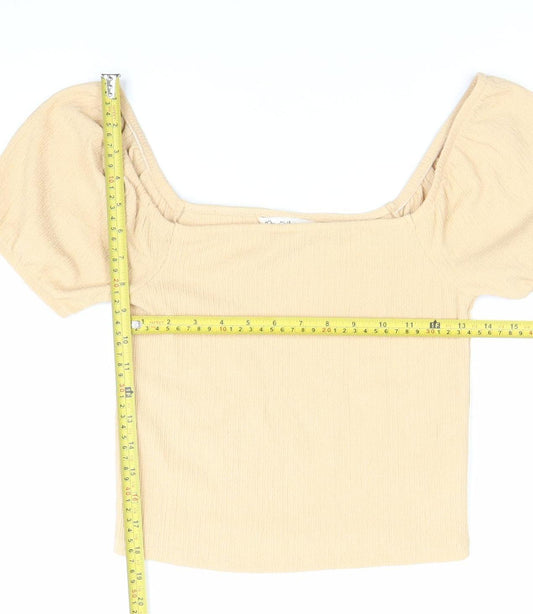 Miss Selfridge Women Beige Size 10 Cropped Puff Sleeve Square Neck Blouse Top