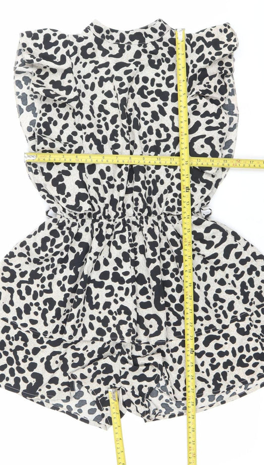 Boohoo Women’s Black Beige Animal Print Ruffle Playsuit Size 8