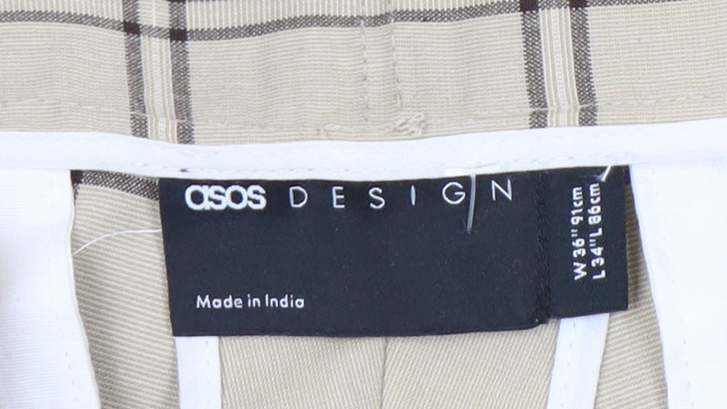 ASOS Design Mens Beige Checked Slim Chino Trousers Size L W36 L34