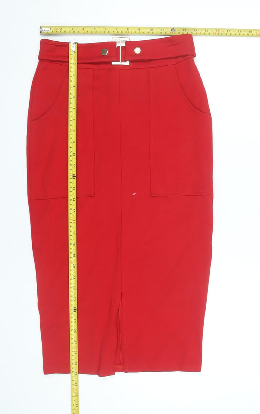 Dorothy Perkins Women’s Red Pencil Skirt Size 8 High Waist Buckle Detail