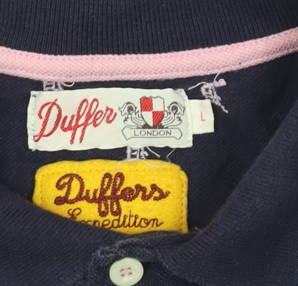 Duffer London Men's Blue Cotton Polo Shirt L Short Sleeve Logo Print