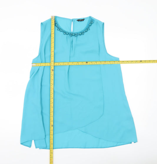 M&Co Women’s Blue Beaded Neckline Sleeveless Tunic Blouse Size 16