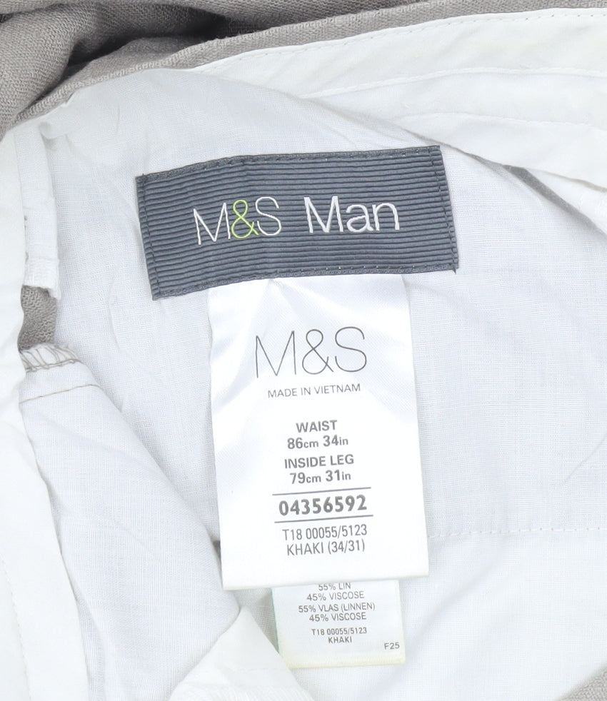 Marks and Spencer Mens Brown Linen Blend Chino Trousers 34W 31L