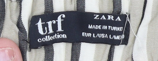 Zara Women Beige Striped Paperbag Shorts Size 14 Cotton High Waist