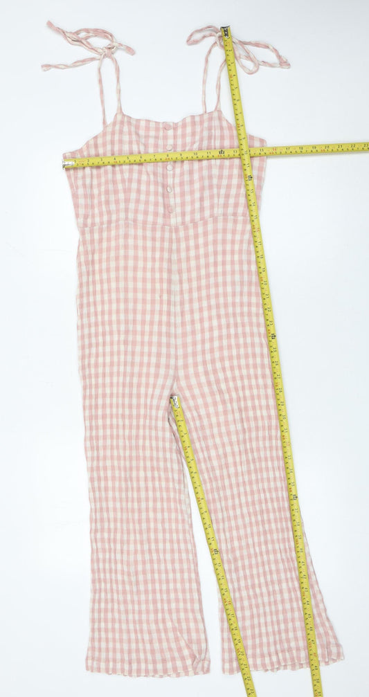Topshop Women Pink Check Cotton Viscose Jumpsuit Size 10 Wide Leg