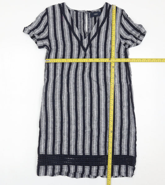 Next Women’s Blue Striped Linen Blend Shift Dress Size 8 V-Neck