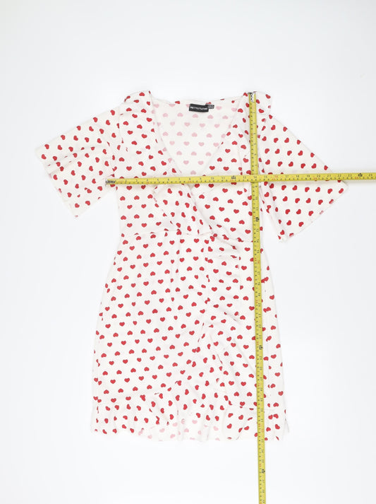 PrettyLittleThing Women White Red Heart Print Wrap Dress Size 10