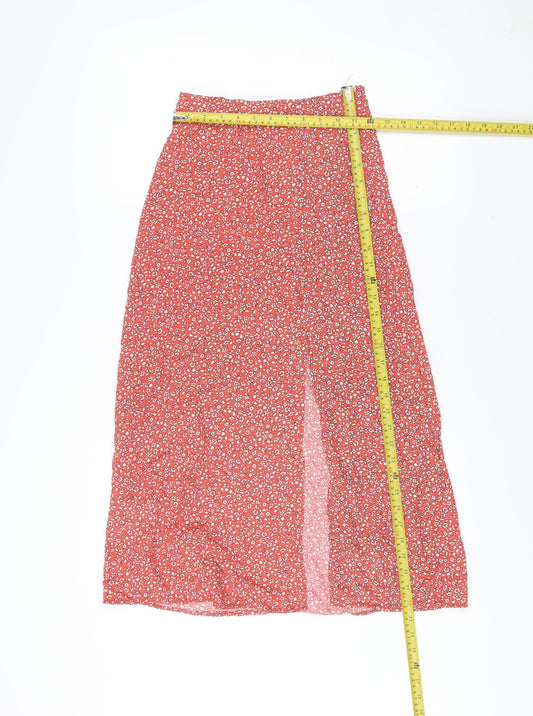 New Look Women Red Floral Viscose A-Line Midi Skirt Size 6