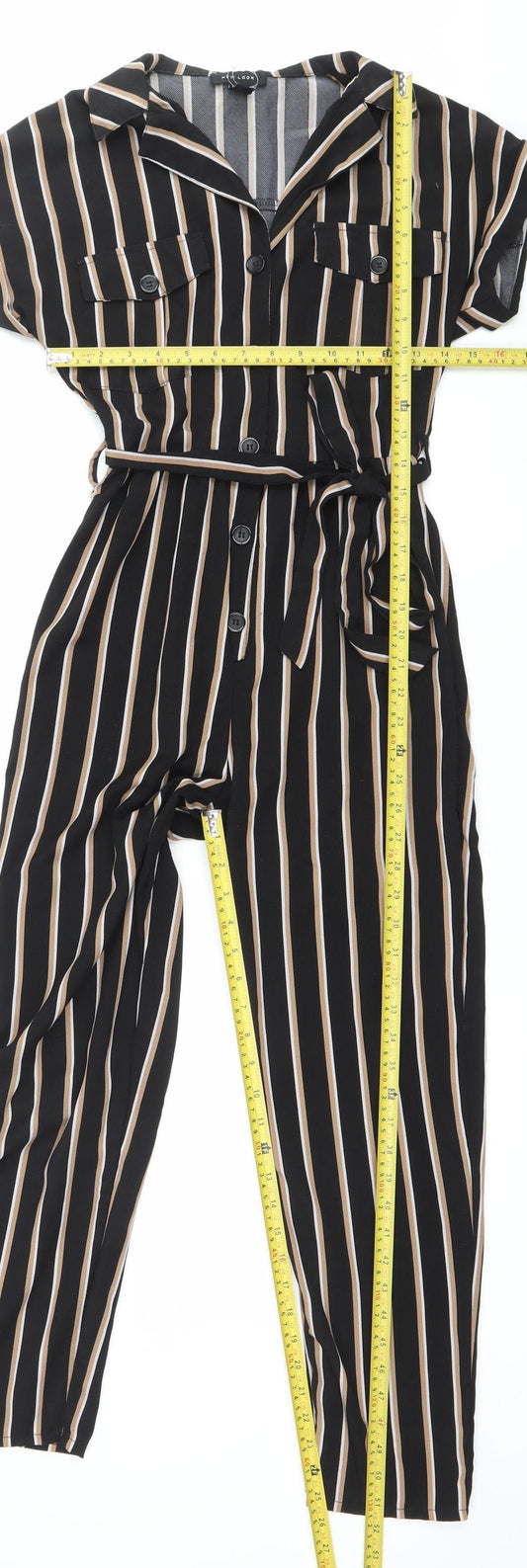New Look Women’s Black Striped Jumpsuit Size 6 Belted Short Sleeve