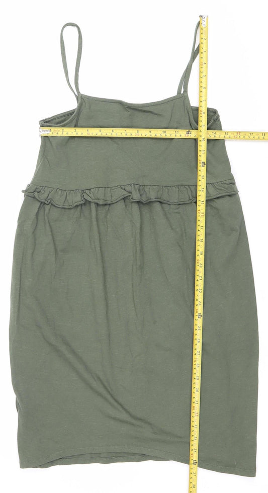 ASOS Women’s Green Cotton Mini Slip Dress Size 10 Ruffle Strappy