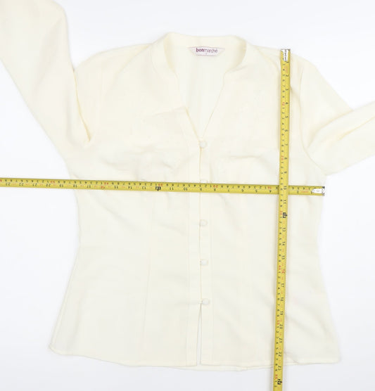 Bonmarche Womens Ivory Button-Up Blouse Size 12 Long Sleeve Embroidered