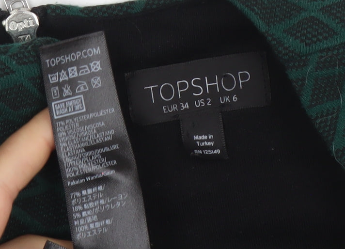 Topshop Women’s Green Geometric A-Line Zip Dress Size 6