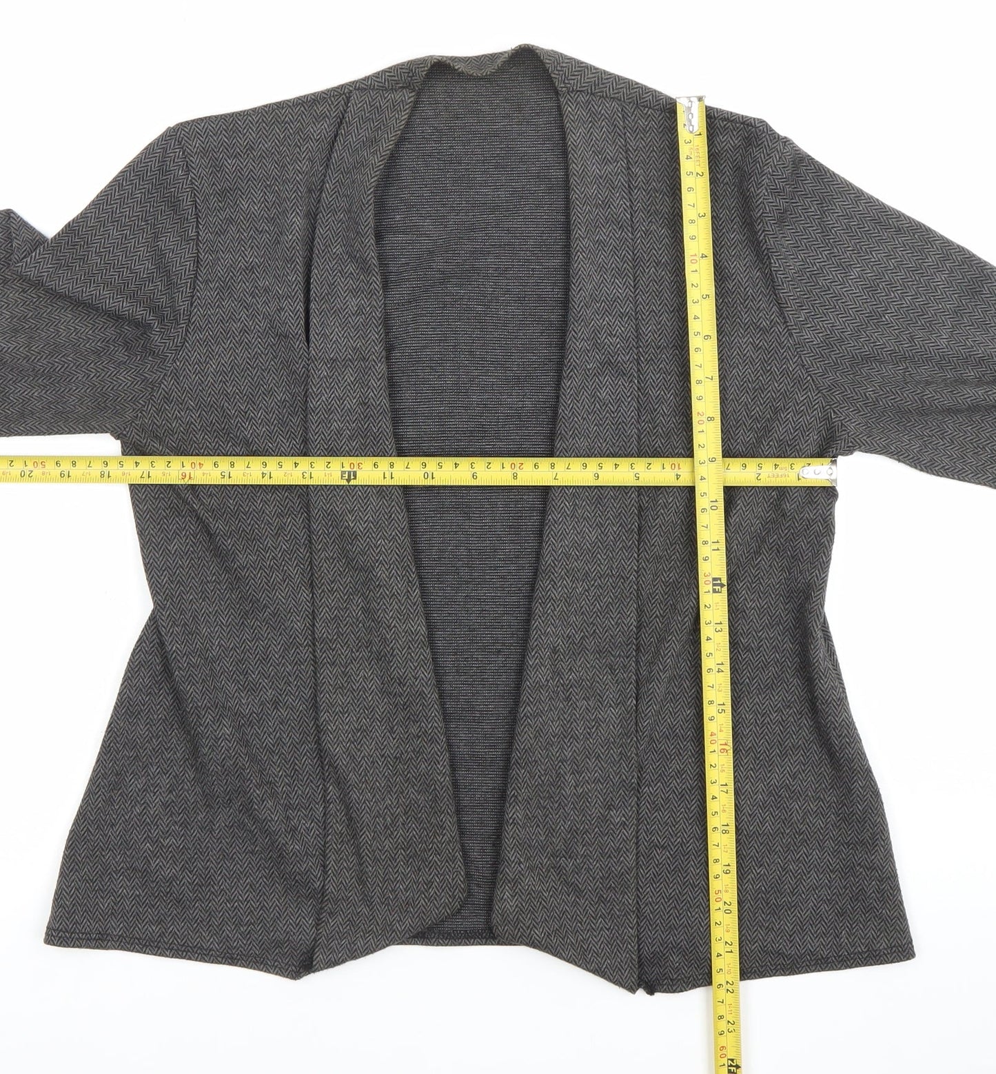 C.M.D Womens Grey Herringbone Cardigan M 3/4 Sleeve Open Knit