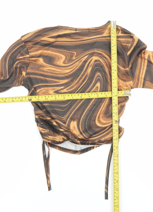 Boohoo Women’s Brown Geometric Print Cropped Long Sleeve Blouse Size 6