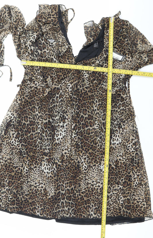 Boohoo Women Brown Leopard Print Wrap Dress Size 14 V-Neck Long Sleeve
