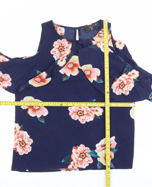 AX Paris Womens Blue Floral Ruffle Blouse Size 16 Cold Shoulder Top