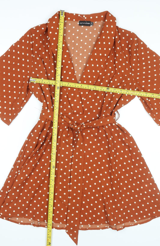 PrettyLittleThing Women Brown Polka Dot Wrap Dress Size 10