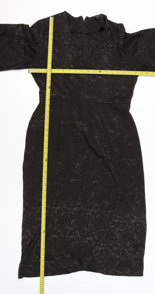 Next Women’s Black Jacquard Sheath Dress Size 12 V-Neck Belted