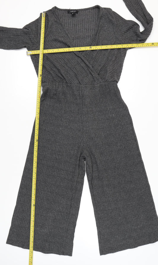 New Look Women Grey Knit Wide-Leg Long Sleeve Belted Jumpsuit Size 14