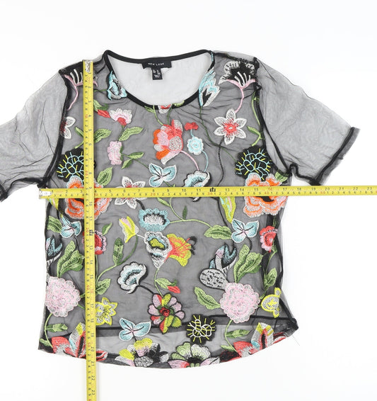New Look Women’s Black Floral Embroidered Mesh Blouse UK 12