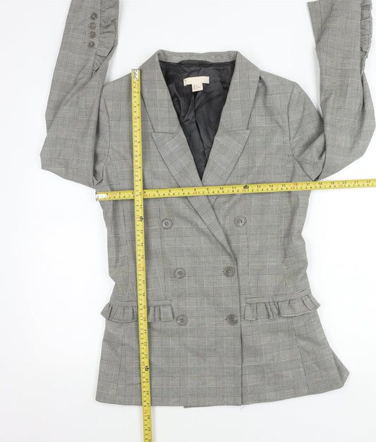 H&M Women Grey Check Double-Breasted Blazer Jacket Size 6