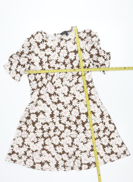 New Look Women’s Brown Floral Skater Dress UK 12 Short Puff Sleeve