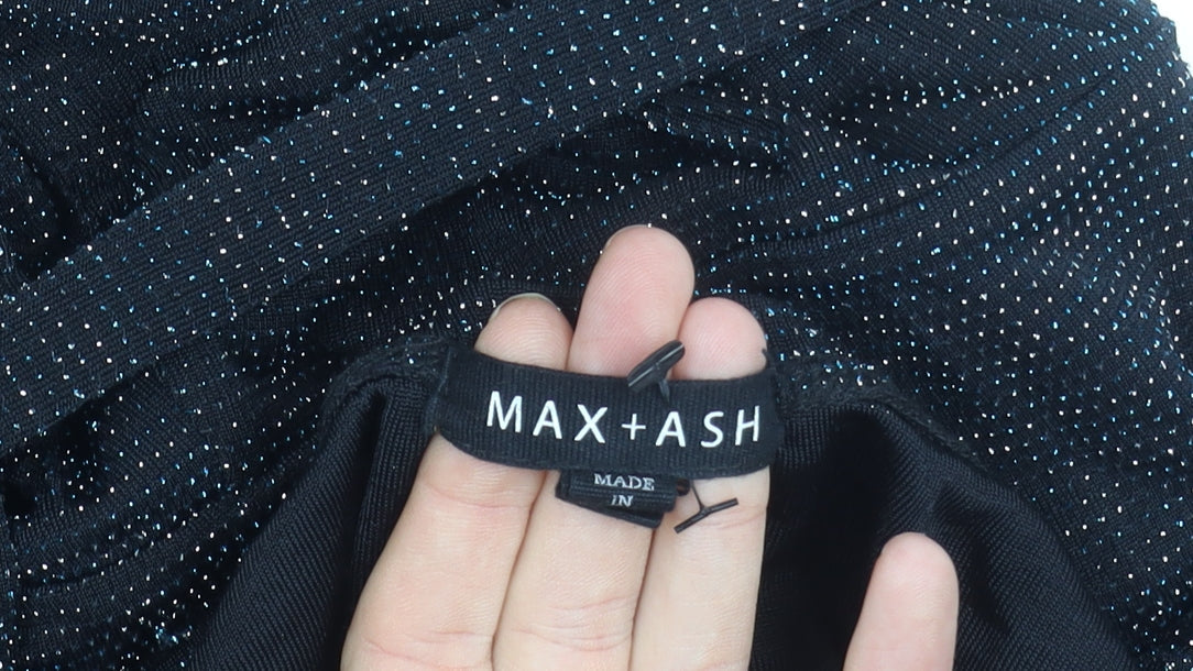 MAX+ASH Women's Black Glitter Puff Sleeve Short Bodycon Dress L