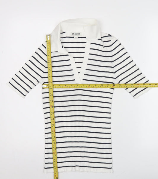 Jaeger Women’s White Striped Polo Knit Top Size M Collared Nautical Style