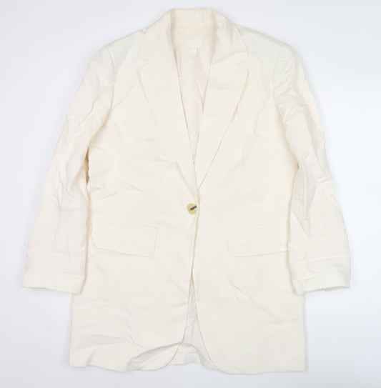 Additional front view of H&M unisex adults ivory xs long linen blend blazer jacket