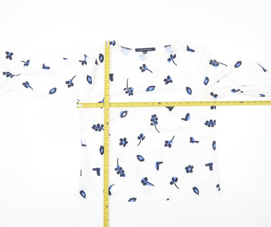 French Connection Women White Blue Floral Blouse Size 12 3/4 Sleeve