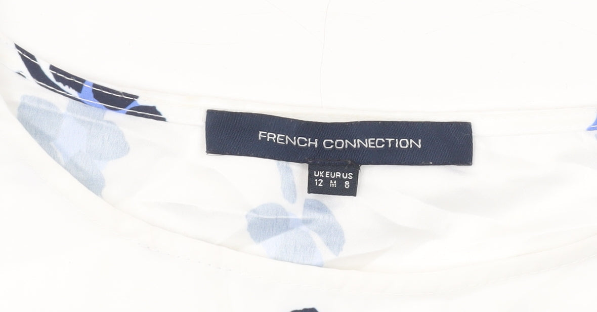 French Connection Women White Blue Floral Blouse Size 12 3/4 Sleeve