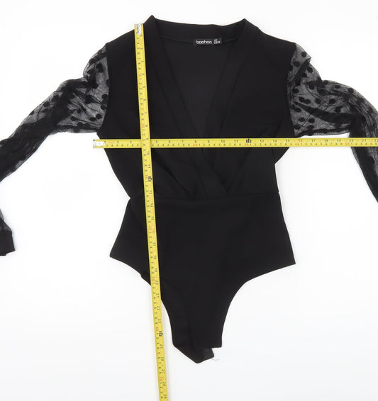 Boohoo Women Black Size 8 Sheer Sleeve Polka Dot Bodysuit