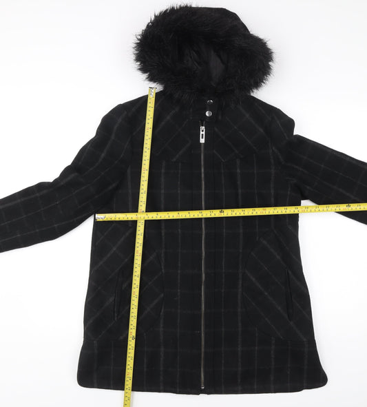George Women’s Black Check Mid-Length Hooded Coat UK 12