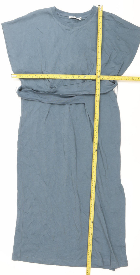 Zara Women Blue Cotton Sleeveless Midi Wrap Dress S
