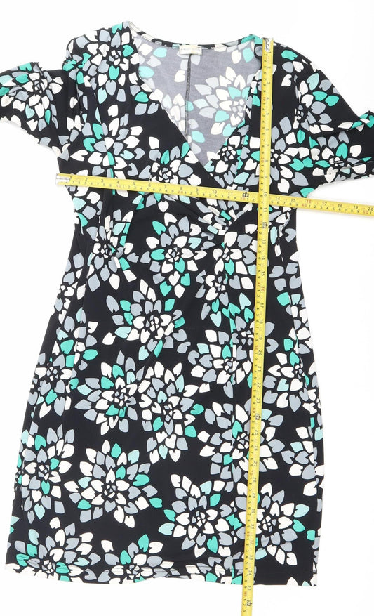 Minuet Petite Womens Black Floral V-Neck Sheath Dress Size 14