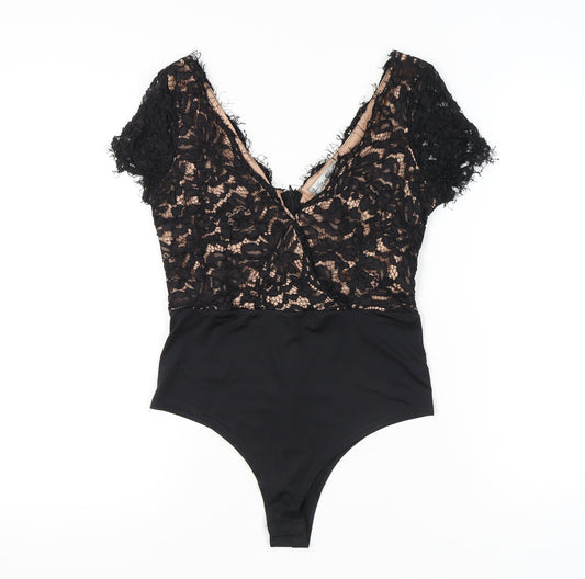 Lucy Wang Womens Black Lace V-Neck Bodysuit Size M Party Cocktail
