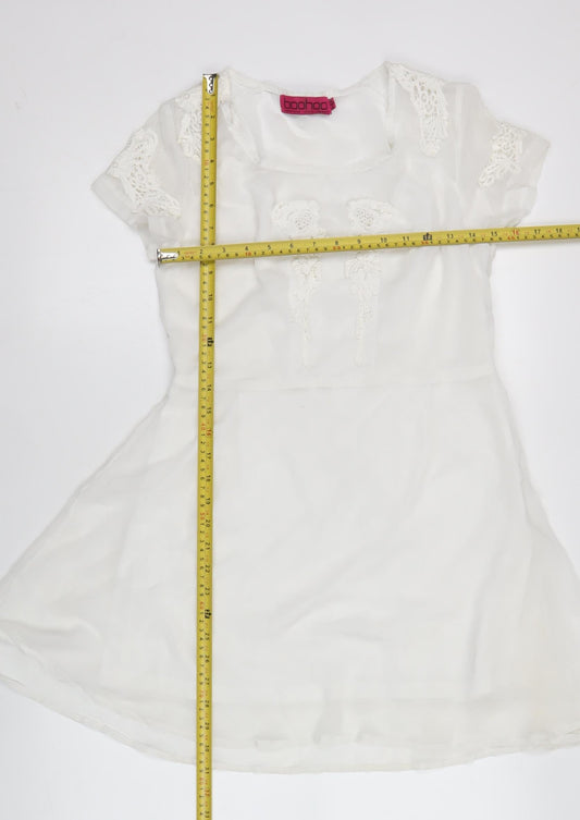 Boohoo Womens White Shift Dress Size 12 Asymmetric Lace Detail