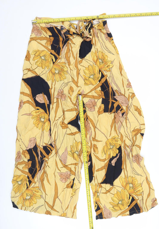 Mango Womens Yellow Floral Wide-Leg Viscose Trousers Size 14