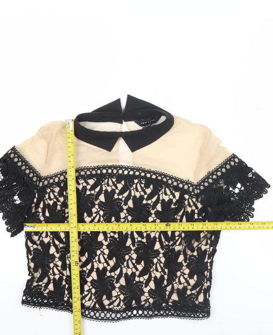 New Look Womens Black Beige Lace Cropped Blouse UK 14 Party Top