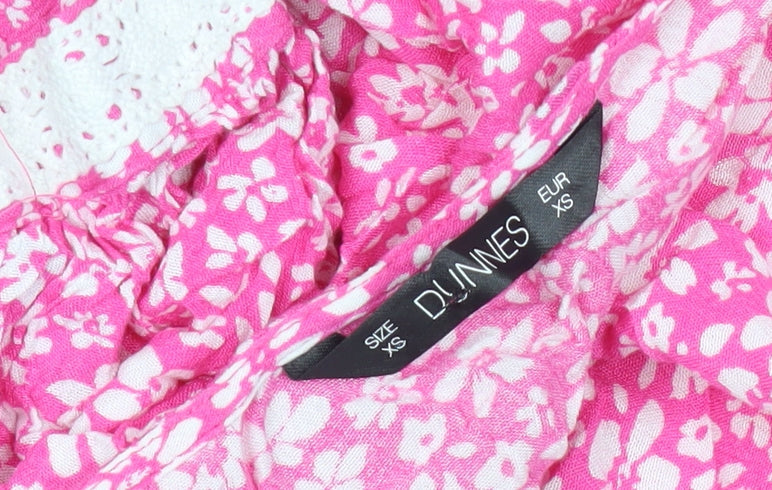 Brand and care label for Dunnes Women’s Pink Floral A-Line Midi Dress XS Short Sleeve